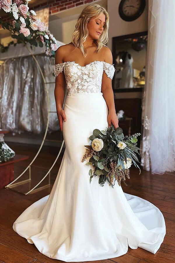 Satin Lace Mermaid Off-the-shoulder Wedding Dresses, Wedding Gowns, MW754 | satin wedding dresses | mermaid wedding dresses | lace wedding dresses | www.musebridals.com